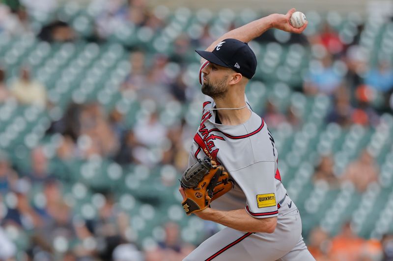 Jun 14, 2023; Detroit, Michigan, USA; Atlanta Braves relief pitcher Nick Anderson (61) throws against the Detroit Tigers in the eighth inning at Comerica Park. Mandatory Credit: Rick Osentoski-USA TODAY Sports