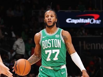 WASHINGTON, DC -? OCTOBER 30: Lamar Stevens #77 of the Boston Celtics dribbles the ball during the game against the Washington Wizards on October 30, 2023 at Capital One Arena in Washington, DC. NOTE TO USER: User expressly acknowledges and agrees that, by downloading and or using this Photograph, user is consenting to the terms and conditions of the Getty Images License Agreement. Mandatory Copyright Notice: Copyright 2023 NBAE (Photo by Stephen Gosling/NBAE via Getty Images)