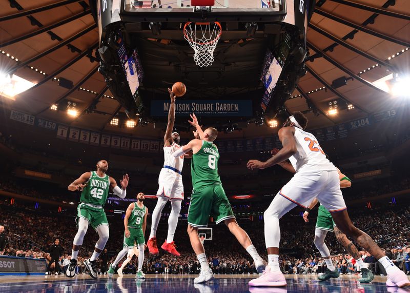 NEW YORK, NY - MAY 10: Precious Achiuwa #5 of the New York Knicks shoots the ball during the game against the Boston Celtics  during Round Two Game Three of the 2025 NBA Playoffs on May 10, 2025 at Madison Square Garden in New York City, New York.  NOTE TO USER: User expressly acknowledges and agrees that, by downloading and or using this photograph, User is consenting to the terms and conditions of the Getty Images License Agreement. Mandatory Copyright Notice: Copyright 2025 NBAE  (Photo by Brian Babineau/NBAE via Getty Images)