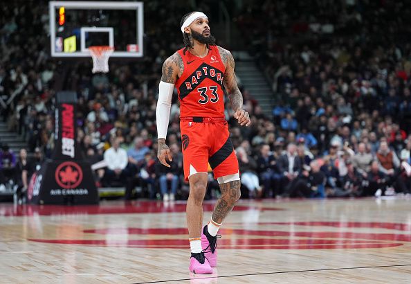 TORONTO, ON - DECEMBER 6: Gary Trent Jr. #33 of the Toronto Raptors looks on in a break in play against the Toronto Raptors during the second half of their basketball game at the Scotiabank Arena on December 6, 2023 in Toronto, Ontario, Canada. NOTE TO USER: User expressly acknowledges and agrees that, by downloading and/or using this Photograph, user is consenting to the terms and conditions of the Getty Images License Agreement. (Photo by Mark Blinch/Getty Images)