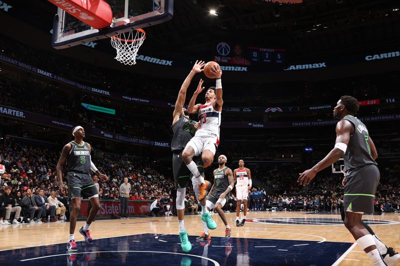 WASHINGTON, DC -? JANUARY 13:  Jordan Poole #13 of the Washington Wizards drives to the basket during the game against the Minnesota Timberwolves on January 13, 2025 at Capital One Arena in Washington, DC. NOTE TO USER: User expressly acknowledges and agrees that, by downloading and or using this Photograph, user is consenting to the terms and conditions of the Getty Images License Agreement. Mandatory Copyright Notice: Copyright 2025 NBAE (Photo by Stephen Gosling/NBAE via Getty Images)