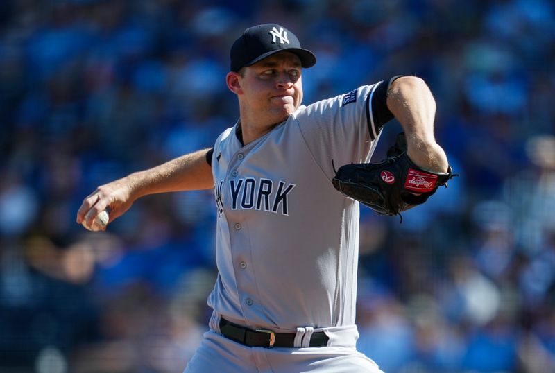 Oct 1, 2023; Kansas City, Missouri, USA; New York Yankees starting pitcher Michael King (34) pitches during the first inning at Kauffman Stadium. Mandatory Credit: Jay Biggerstaff-USA TODAY Sports