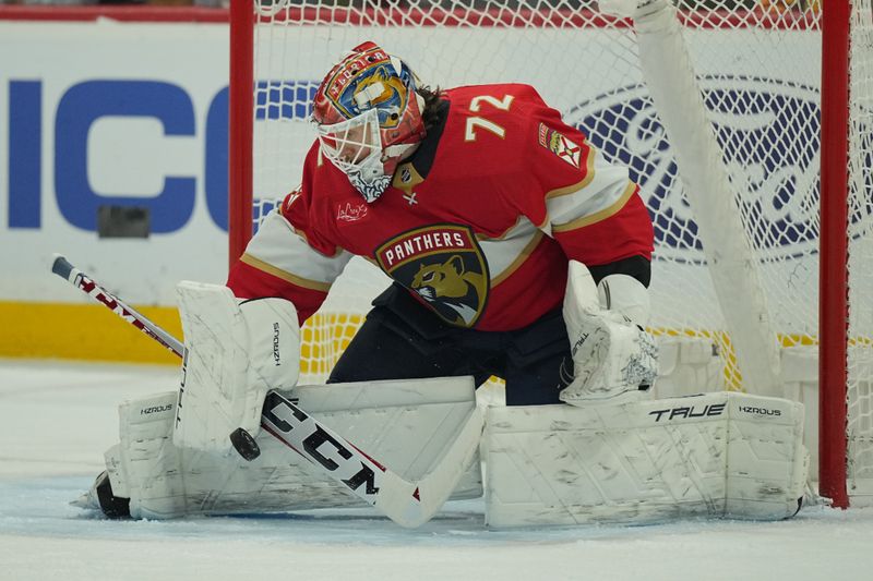 Feb 20, 2024; Sunrise, Florida, USA; Florida Panthers goaltender Sergei Bobrovsky (72) makes a save against the Ottawa Senators during the first period at Amerant Bank Arena. Mandatory Credit: Jim Rassol-USA TODAY Sports