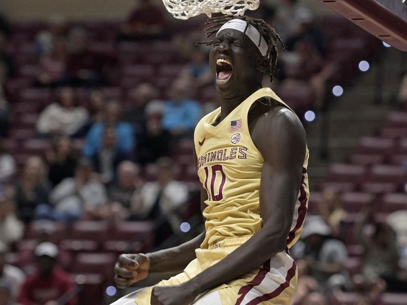 Jan 29, 2025; Tallahassee, Florida, USA; Florida State Seminoles forward Taylor Bol Bowen (10) reacts after dunking the ball during the second half against the Virginia Tech Hokies at Donald L. Tucker Center. Mandatory Credit: Melina Myers-Imagn Images