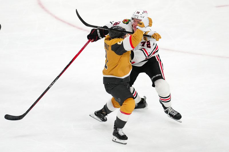 Apr 16, 2024; Las Vegas, Nevada, USA; Chicago Blackhawks defenseman Alex Vlasic (72) checks Vegas Golden Knights right wing Jonathan Marchessault (81) during the first period at T-Mobile Arena. Mandatory Credit: Stephen R. Sylvanie-USA TODAY Sports