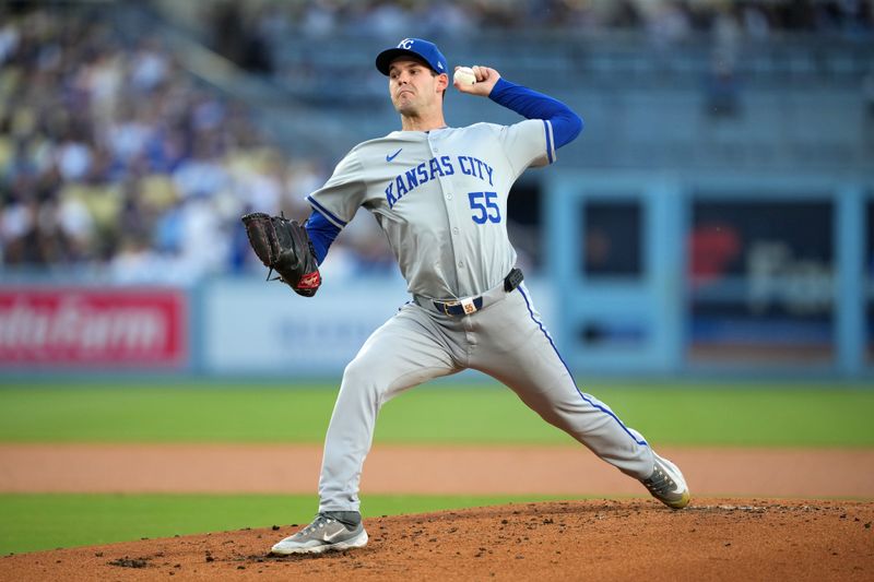 Jun 14, 2024; Los Angeles, California, USA; Kansas City Royals starting pitcher Cole Ragans (55) throws in the second inning against the Los Angeles Dodgers at Dodger Stadium. Mandatory Credit: Kirby Lee-USA TODAY Sports