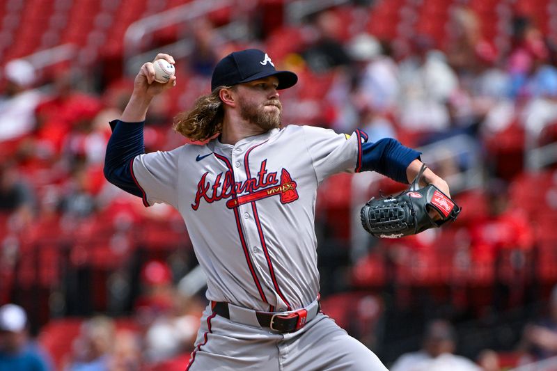 Jun 26, 2024; St. Louis, Missouri, USA;  Atlanta Braves relief pitcher Pierce Johnson (38) pitches against the St. Louis Cardinals during the seventh inning at Busch Stadium. Mandatory Credit: Jeff Curry-USA TODAY Sports