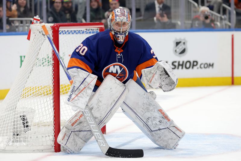 Jan 21, 2024; Elmont, New York, USA; New York Islanders goaltender Ilya Sorokin (30) in goal against the Dallas Stars during the third period at UBS Arena. Mandatory Credit: Brad Penner-USA TODAY Sports