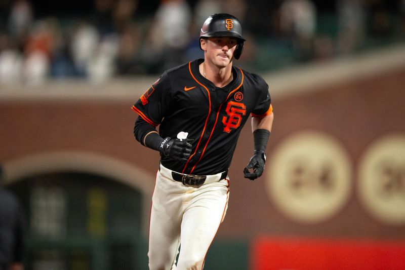 Jul 27, 2024; San Francisco, California, USA; San Francisco Giants shortstop Tyler Fitzgerald (49) runs out his solo home run against the Colorado Rockies during the eighth inning at Oracle Park. Mandatory Credit: D. Ross Cameron-USA TODAY Sports