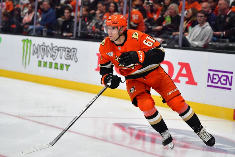 Oct 16, 2024; Anaheim, California, USA; Anaheim Ducks left wing Cutter Gauthier (61) in action against Utah Hockey Club during the second period at Honda Center. Mandatory Credit: Gary A. Vasquez-Imagn Images