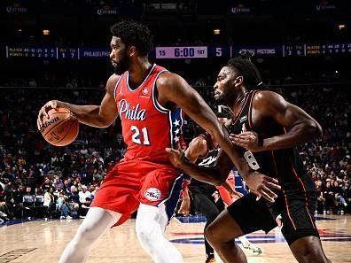 PHILADELPHIA, PA - DECEMBER 15: Joel Embiid #21 of the Philadelphia 76ers dribbles the ball during the game against the Detroit Pistons on December 15, 2023 at the Wells Fargo Center in Philadelphia, Pennsylvania NOTE TO USER: User expressly acknowledges and agrees that, by downloading and/or using this Photograph, user is consenting to the terms and conditions of the Getty Images License Agreement. Mandatory Copyright Notice: Copyright 2023 NBAE (Photo by David Dow/NBAE via Getty Images)