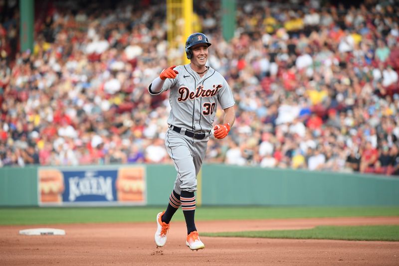 Aug 12, 2023; Boston, Massachusetts, USA;  Detroit Tigers right fielder Kerry Carpenter (30) reacts after hitting a home run against the Boston Red Sox during the eighth inning at Fenway Park. Mandatory Credit: Bob DeChiara-USA TODAY Sports