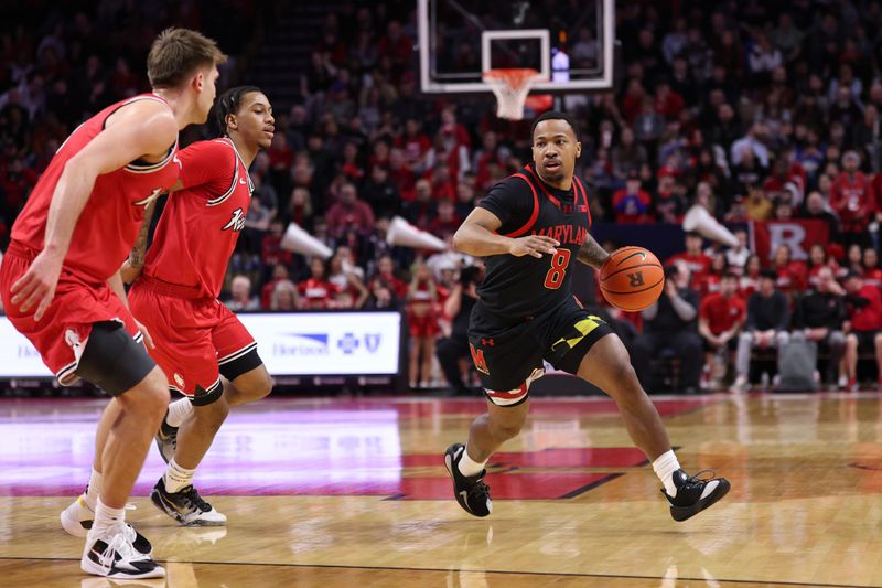 Feb 15, 2026; Piscataway, New Jersey, USA; Maryland Terrapins guard David Coit (8) dribbles against Rutgers Scarlet Knights guard Harun Zrno (13) during the first half at Jersey Mike's Arena. Mandatory Credit: Vincent Carchietta-Imagn Images