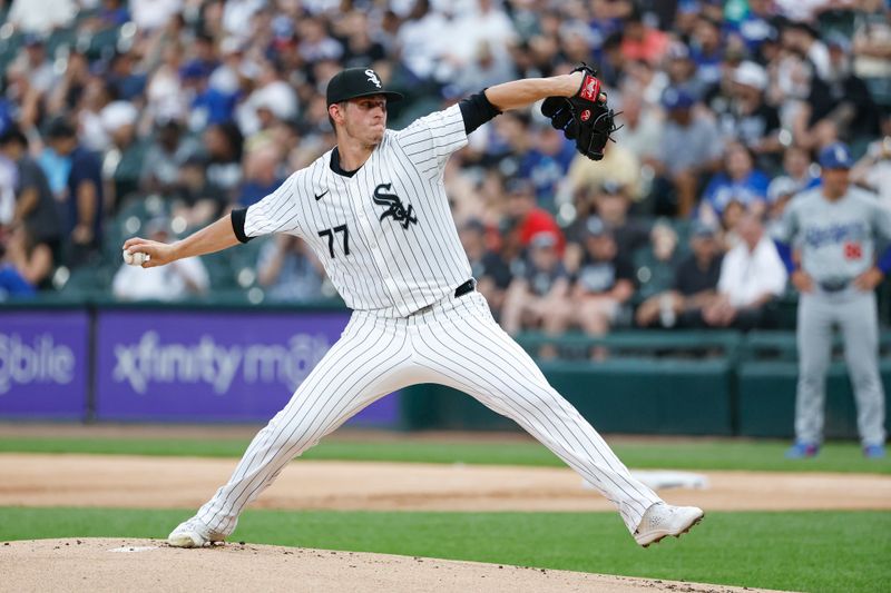 Jun 25, 2024; Chicago, Illinois, USA; Chicago White Sox starting pitcher Chris Flexen (77) pitches against the Los Angeles Dodgers during the first inning at Guaranteed Rate Field. Mandatory Credit: Kamil Krzaczynski-USA TODAY Sports