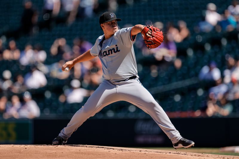 Aug 29, 2024; Denver, Colorado, USA; Miami Marlins starting pitcher Valente Bellozo (83) pitches in the first inning against the Colorado Rockies at Coors Field. Mandatory Credit: Isaiah J. Downing-USA TODAY Sports