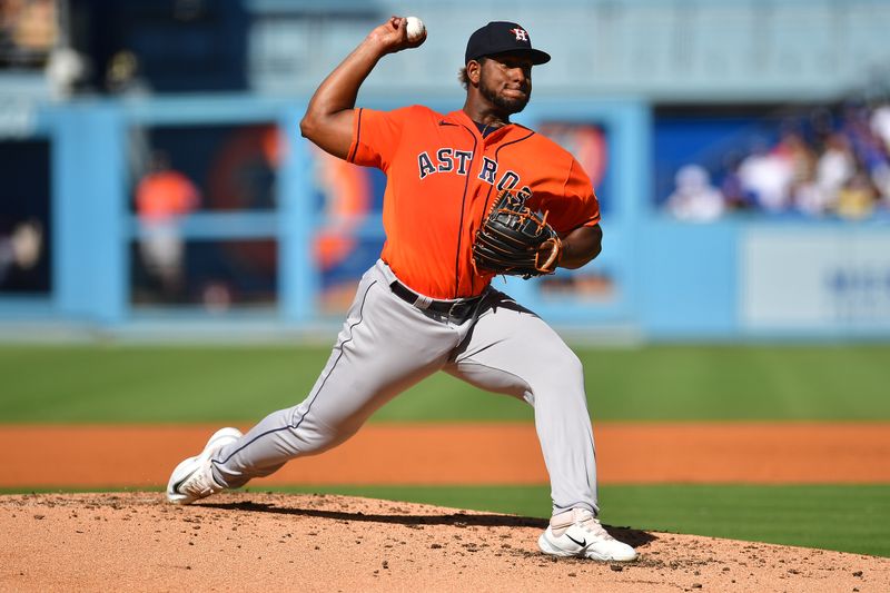 Jun 24, 2023; Los Angeles, California, USA; Houston Astros relief pitcher Ronel Blanco (56) throws against the Los Angeles Dodgers during the second inning at Dodger Stadium. Mandatory Credit: Gary A. Vasquez-USA TODAY Sports