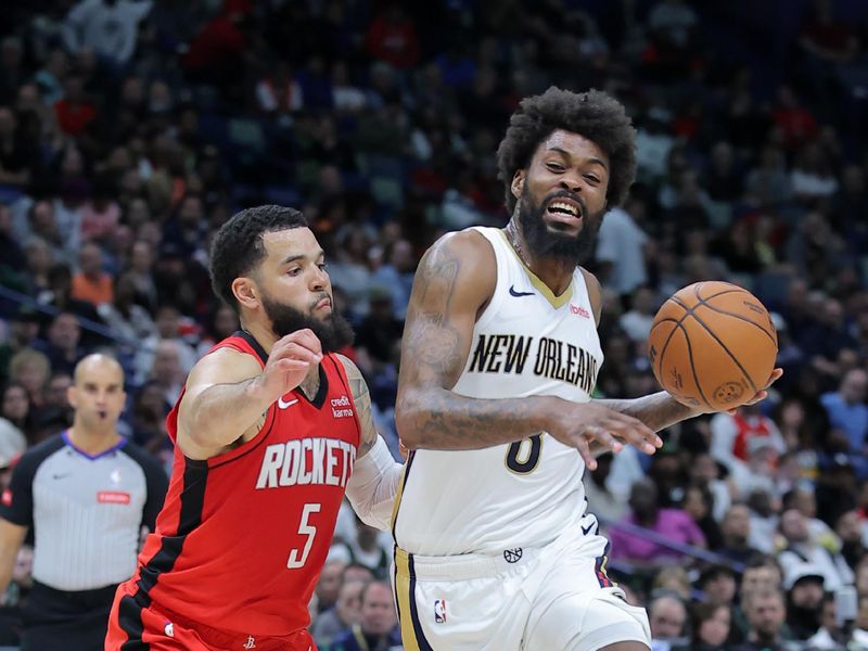 NEW ORLEANS, LOUISIANA - FEBRUARY 22: Naji Marshall #8 of the New Orleans Pelicans drives against Fred VanVleet #5 of the Houston Rockets during the second half at the Smoothie King Center on February 22, 2024 in New Orleans, Louisiana. NOTE TO USER: User expressly acknowledges and agrees that, by downloading and or using this Photograph, user is consenting to the terms and conditions of the Getty Images License Agreement. (Photo by Jonathan Bachman/Getty Images)