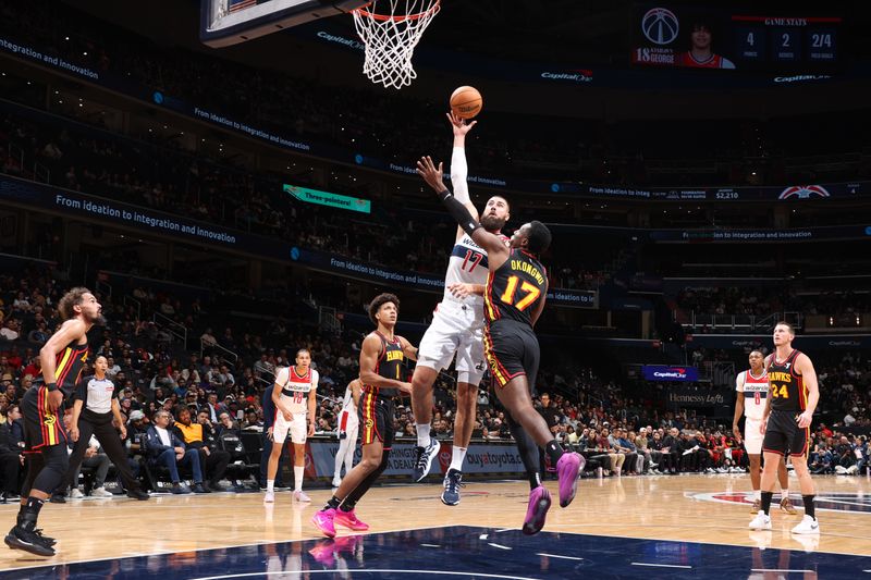 WASHINGTON, DC -? OCTOBER 30: Jonas Valanciunas #17 of the Washington Wizards drives to the basket during the game against the Atlanta Hawks on October 30, 2024 at Capital One Arena in Washington, DC. NOTE TO USER: User expressly acknowledges and agrees that, by downloading and or using this Photograph, user is consenting to the terms and conditions of the Getty Images License Agreement. Mandatory Copyright Notice: Copyright 2024 NBAE (Photo by Stephen Gosling/NBAE via Getty Images)