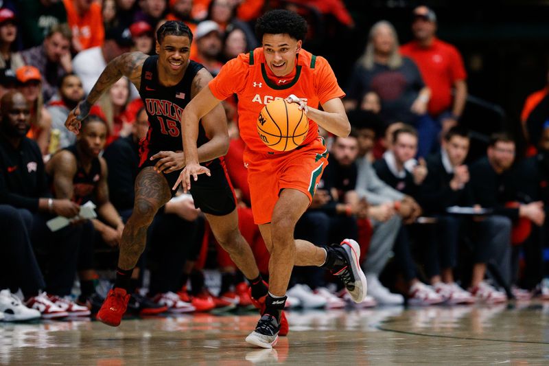 Jan 19, 2024; Fort Collins, Colorado, USA; Colorado State Rams guard Jalen Lake (15) controls the ball ahead of UNLV Rebels guard Luis Rodriguez (15) in the second half at Moby Arena. Mandatory Credit: Isaiah J. Downing-USA TODAY Sports