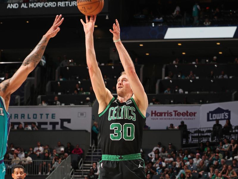 CHARLOTTE, NC - APRIL 1: Sam Hauser #30 of the Boston Celtics three point basket during the game against the Charlotte Hornets on April 1, 2024 at Spectrum Center in Charlotte, North Carolina. NOTE TO USER: User expressly acknowledges and agrees that, by downloading and or using this photograph, User is consenting to the terms and conditions of the Getty Images License Agreement. Mandatory Copyright Notice: Copyright 2024 NBAE (Photo by Kent Smith/NBAE via Getty Images)