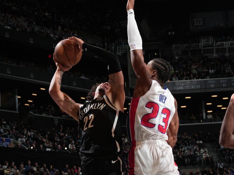 BROOKLYN, NY - NOVEMBER 3: Jalen Wilson #22 of the Brooklyn Nets drives to the basket during the game against the Detroit Pistons on November 3, 2024 at Barclays Center in Brooklyn, New York. NOTE TO USER: User expressly acknowledges and agrees that, by downloading and or using this Photograph, user is consenting to the terms and conditions of the Getty Images License Agreement. Mandatory Copyright Notice: Copyright 2024 NBAE (Photo by Jesse D. Garrabrant/NBAE via Getty Images)