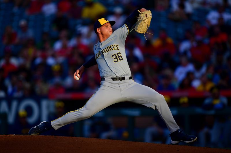 Jun 18, 2024; Anaheim, California, USA; Milwaukee Brewers pitcher Tobias Myers (36) throws against the Los Angeles Angels during the third inning at Angel Stadium. Mandatory Credit: Gary A. Vasquez-USA TODAY Sports