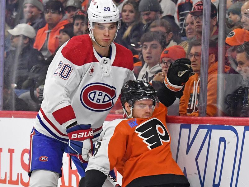 Jan 10, 2024; Philadelphia, Pennsylvania, USA; Philadelphia Flyers defenseman Cam York (8) and Montreal Canadiens left wing Juraj Slafkovsky (20) battle for the puck during the second period at Wells Fargo Center. Mandatory Credit: Eric Hartline-USA TODAY Sports