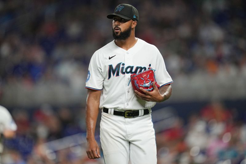 Apr 4, 2023; Miami, Florida, USA;  Miami Marlins starting pitcher Sandy Alcantara (22) walks off the mound in the eighth inning against the Minnesota Twins at loanDepot Park. Mandatory Credit: Jim Rassol-USA TODAY Sports