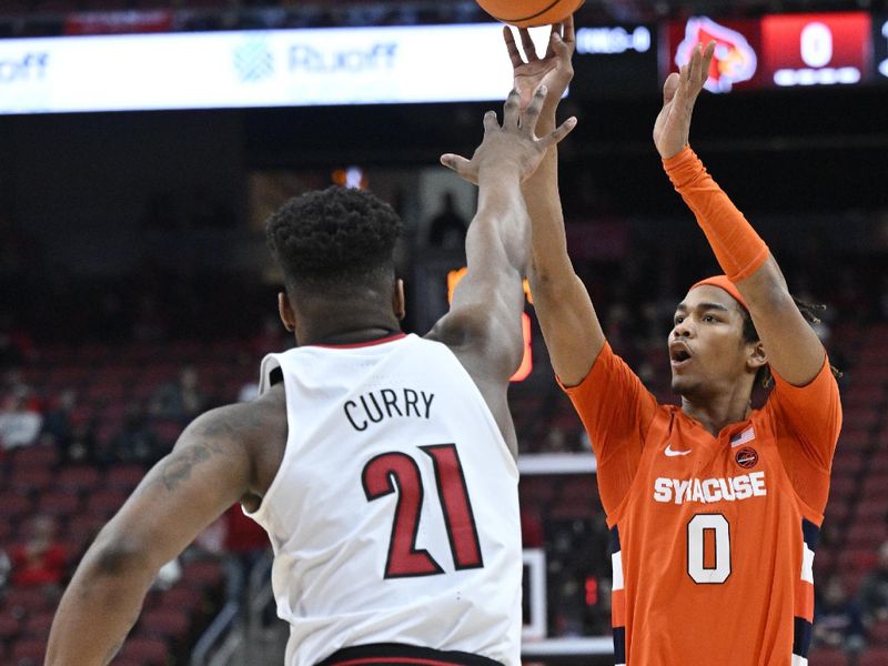 Jan 3, 2023; Louisville, Kentucky, USA; Syracuse Orange forward Chris Bell (0) shoots against Louisville Cardinals forward Sydney Curry (21) during the first half at KFC Yum! Center. Mandatory Credit: Jamie Rhodes-USA TODAY Sports