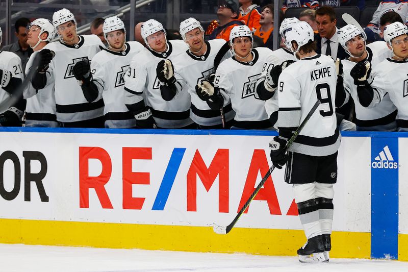 Apr 22, 2024; Edmonton, Alberta, CAN; The Los Angeles Kings celebrate a goal by forward Adrian Kempe (9) during the second period against the Edmonton Oilers in game one of the first round of the 2024 Stanley Cup Playoffs at Rogers Place. Mandatory Credit: Perry Nelson-USA TODAY Sports