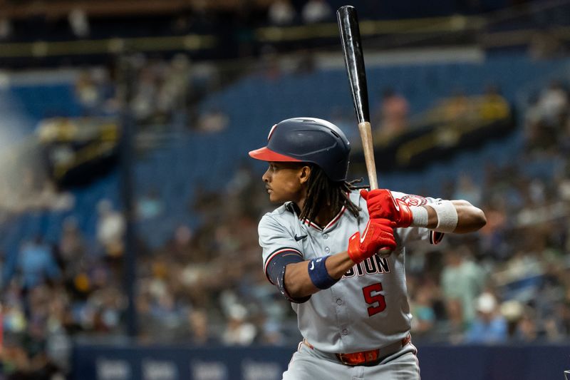 Jun 29, 2024; St. Petersburg, Florida, USA; Washington Nationals shortstop CJ Abrams (5) bats against the Tampa Bay Rays during the first inning at Tropicana Field. Mandatory Credit: Matt Pendleton-USA TODAY Sports