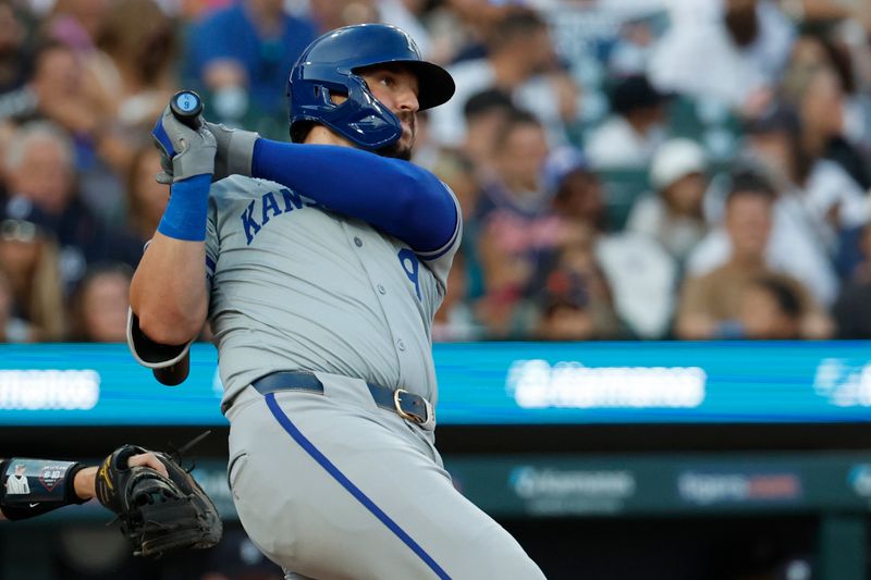 Aug 3, 2024; Detroit, Michigan, USA;  Kansas City Royals first baseman Vinnie Pasquantino (9) hits a home run in the sixth inning against the Detroit Tigers at Comerica Park. Mandatory Credit: Rick Osentoski-USA TODAY Sports