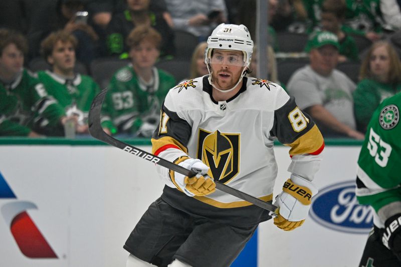 Apr 24, 2024; Dallas, Texas, USA; Vegas Golden Knights right wing Jonathan Marchessault (81) skates against the Dallas Stars during the second period in game two of the first round of the 2024 Stanley Cup Playoffs at American Airlines Center. Mandatory Credit: Jerome Miron-USA TODAY Sports