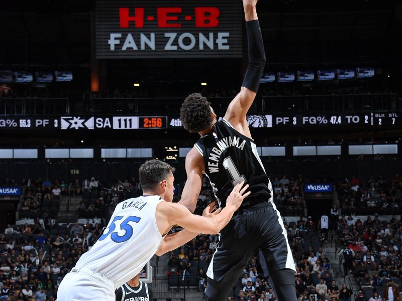 SAN ANTONIO, TX - NOVEMBER 2: Victor Wembanyama #1 of the San Antonio Spurs handles the ball during the game against the Minnesota Timberwolves on November 2, 2024 at the Frost Bank Center in San Antonio, Texas. NOTE TO USER: User expressly acknowledges and agrees that, by downloading and or using this photograph, user is consenting to the terms and conditions of the Getty Images License Agreement. Mandatory Copyright Notice: Copyright 2024 NBAE (Photos by Michael Gonzales/NBAE via Getty Images)