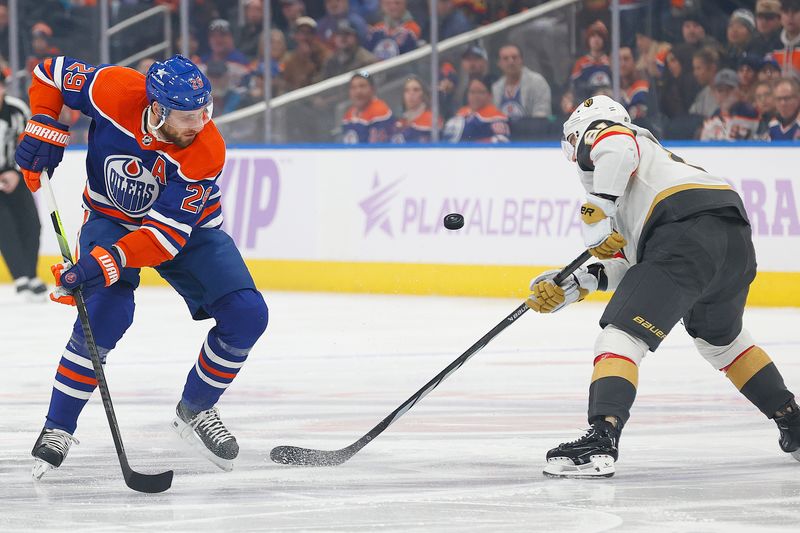 Nov 28, 2023; Edmonton, Alberta, CAN; Edmonton Oilers forward Leon Draisaitl (29) and Vegas Golden Knights forward Jonathan Marchessault (81) look for a loose puck during the first period at Rogers Place. Mandatory Credit: Perry Nelson-USA TODAY Sports