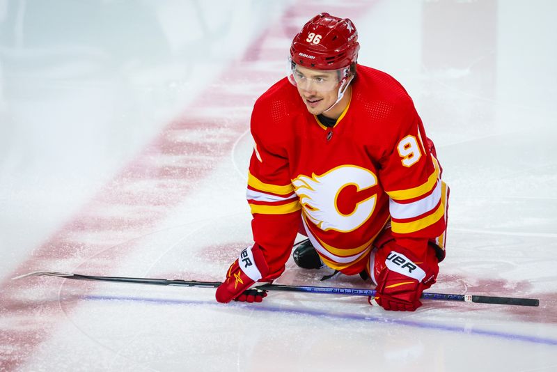 Apr 18, 2024; Calgary, Alberta, CAN; Calgary Flames left wing Andrei Kuzmenko (96) during the warmup period against the San Jose Sharks at Scotiabank Saddledome. Mandatory Credit: Sergei Belski-USA TODAY Sports