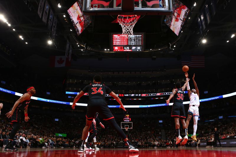 TORONTO, CANADA - MARCH 22:  Shai Gilgeous-Alexander #2 of the Oklahoma City Thunder shoots the ball during the game  on March 22, 2024 at the Scotiabank Arena in Toronto, Ontario, Canada.  NOTE TO USER: User expressly acknowledges and agrees that, by downloading and or using this Photograph, user is consenting to the terms and conditions of the Getty Images License Agreement.  Mandatory Copyright Notice: Copyright 2024 NBAE (Photo by Vaughn Ridley/NBAE via Getty Images)