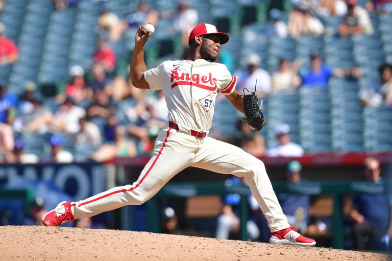 Jul 14, 2024; Anaheim, California, USA; Los Angeles Angels pitcher Roansy Contreras (57) throws against the Seattle Mariners during the ninth inning at Angel Stadium. Mandatory Credit: Gary A. Vasquez-USA TODAY Sports