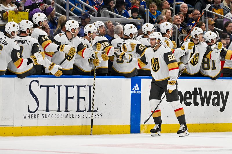 Dec 6, 2023; St. Louis, Missouri, USA;  Vegas Golden Knights right wing Michael Amadio (22) is congratulated by teammates after scoring against the St. Louis Blues during the second period at Enterprise Center. Mandatory Credit: Jeff Curry-USA TODAY Sports