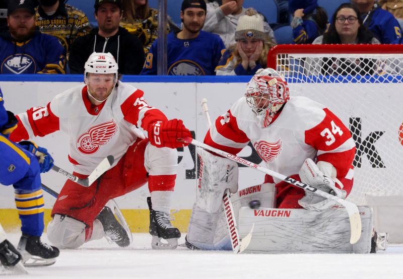 Dec 5, 2023; Buffalo, New York, USA;  Detroit Red Wings goaltender Alex Lyon (34) makes a save during the first period against the Buffalo Sabres at KeyBank Center. Mandatory Credit: Timothy T. Ludwig-USA TODAY Sports