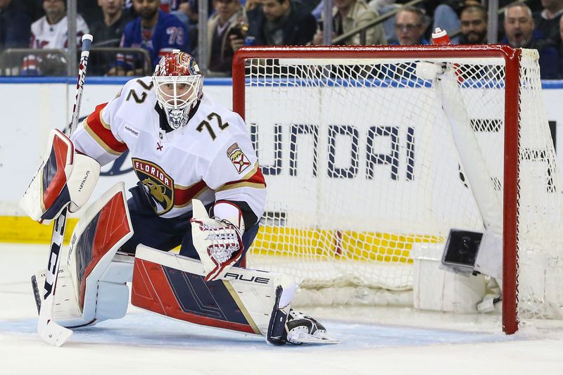 Mar 4, 2024; New York, New York, USA;  Florida Panthers goaltender Sergei Bobrovsky (72) defends the net in the first period against the New York Rangers at Madison Square Garden. Mandatory Credit: Wendell Cruz-USA TODAY Sports