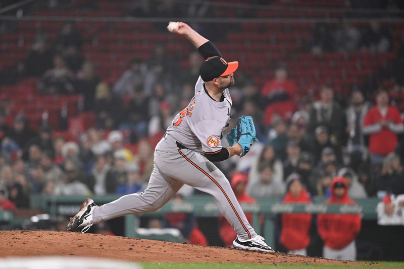 Apr 11, 20024; Boston, Massachusetts, USA; Baltimore Orioles pitcher Danny Coulombe (54) pitches against the Boston Red Sox during the eighth inning at Fenway Park. Mandatory Credit: Eric Canha-USA TODAY Sports