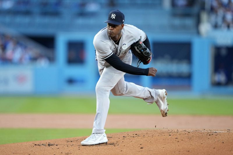 Jun 2, 2023; Los Angeles, California, USA; New York Yankees starting pitcher Luis Severino (40) throws in the first inning against the Los Angeles Dodgers at Dodger Stadium. Mandatory Credit: Kirby Lee-USA TODAY Sports