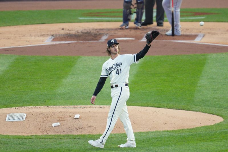 Oct 11, 2023; Minneapolis, Minnesota, USA;Minnesota Twins starting pitcher Joe Ryan (41) after striking out Houston Astros right fielder Kyle Tucker (not pictured) in the second inning reacts after throwing during game four of the ALDS for the 2023 MLB playoffs at Target Field. Mandatory Credit: Matt Blewett-USA TODAY Sports