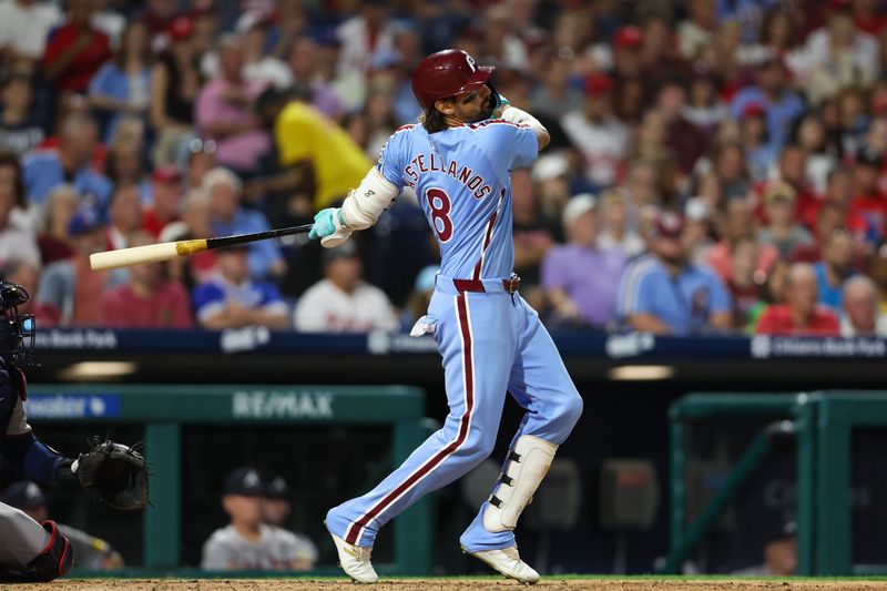 Aug 29, 2024; Philadelphia, Pennsylvania, USA; Philadelphia Phillies outfielder Nick Castellanos (8) hits a two RBI home run during the seventh inning against the Atlanta Braves at Citizens Bank Park. Mandatory Credit: Bill Streicher-USA TODAY Sports