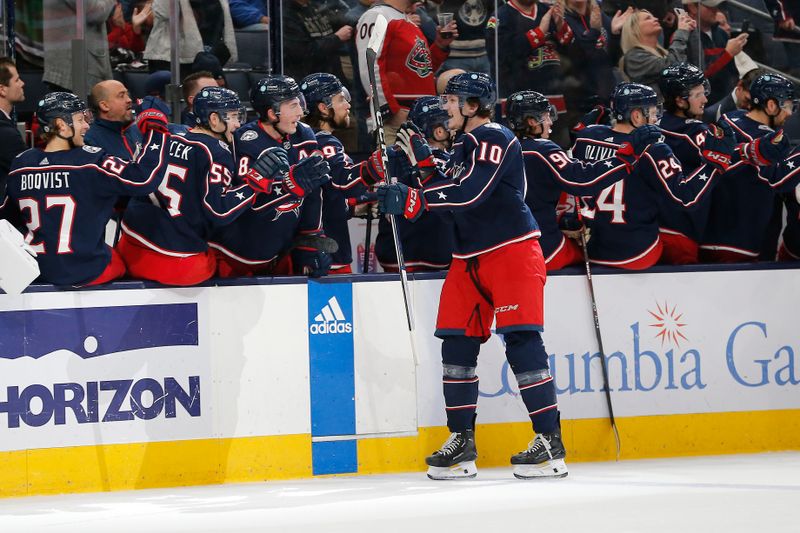 Dec 1, 2023; Columbus, Ohio, USA; Columbus Blue Jackets left wing Dmitri Voronkov (10) celebrates his goal against the Ottawa Senators during the first period at Nationwide Arena. Mandatory Credit: Russell LaBounty-USA TODAY Sports