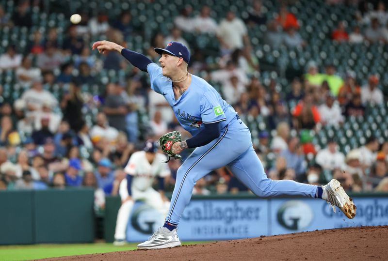 Apr 23, 2025; Houston, Texas, USA;  Toronto Blue Jays starting pitcher Bowden Francis (44) pitches against the Houston Astros in the first inning at Daikin Park. Mandatory Credit: Thomas Shea-Imagn Images