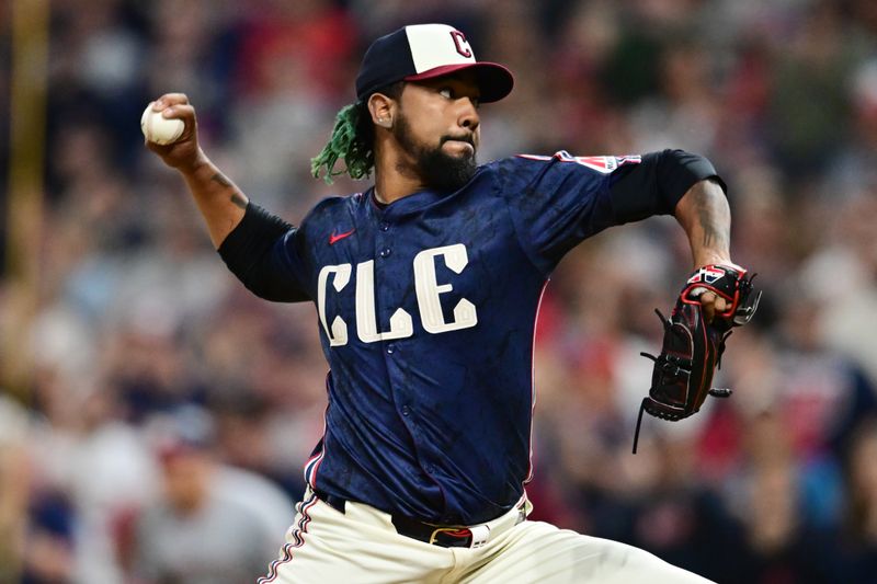 May 31, 2024; Cleveland, Ohio, USA; Cleveland Guardians relief pitcher Emmanuel Clase (48) throws a pitch during the ninth inning against the Washington Nationals at Progressive Field. Mandatory Credit: Ken Blaze-USA TODAY Sports