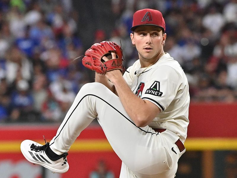 May 8, 2025; Phoenix, Arizona, USA; Arizona Diamondbacks pitcher Brandon Pfaadt (32) throws in the fourth inning against the Los Angeles Dodgers at Chase Field. Mandatory Credit: Matt Kartozian-Imagn Images