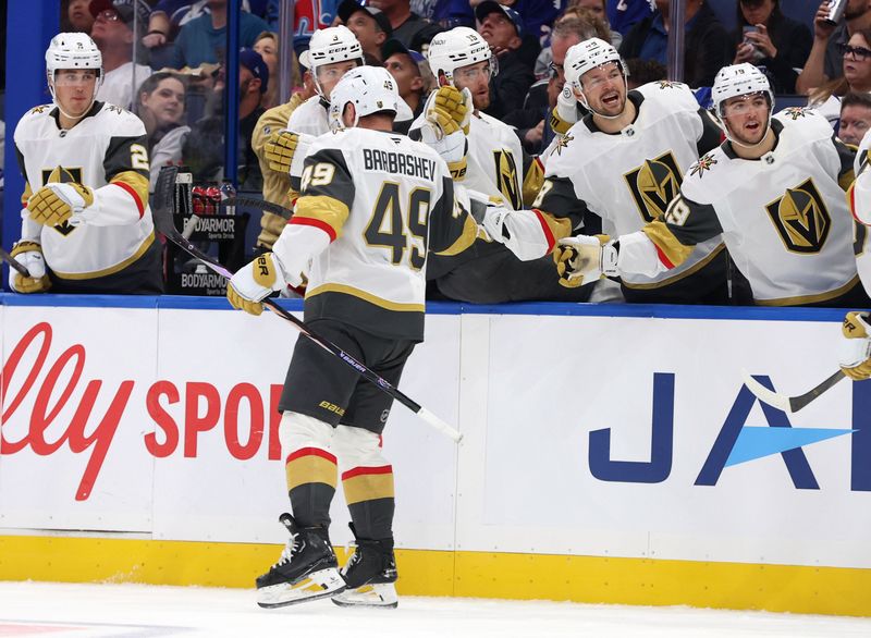 Oct 17, 2024; Tampa, Florida, USA; Vegas Golden Knights center Ivan Barbashev (49) is congratulated by teammates after scoring a goal against the Tampa Bay Lightning during the second period at Amalie Arena. Mandatory Credit: Kim Klement Neitzel-Imagn Images